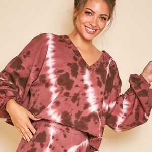 Marsala Tie Dye Boxy Cropped V-Neck Knit Top